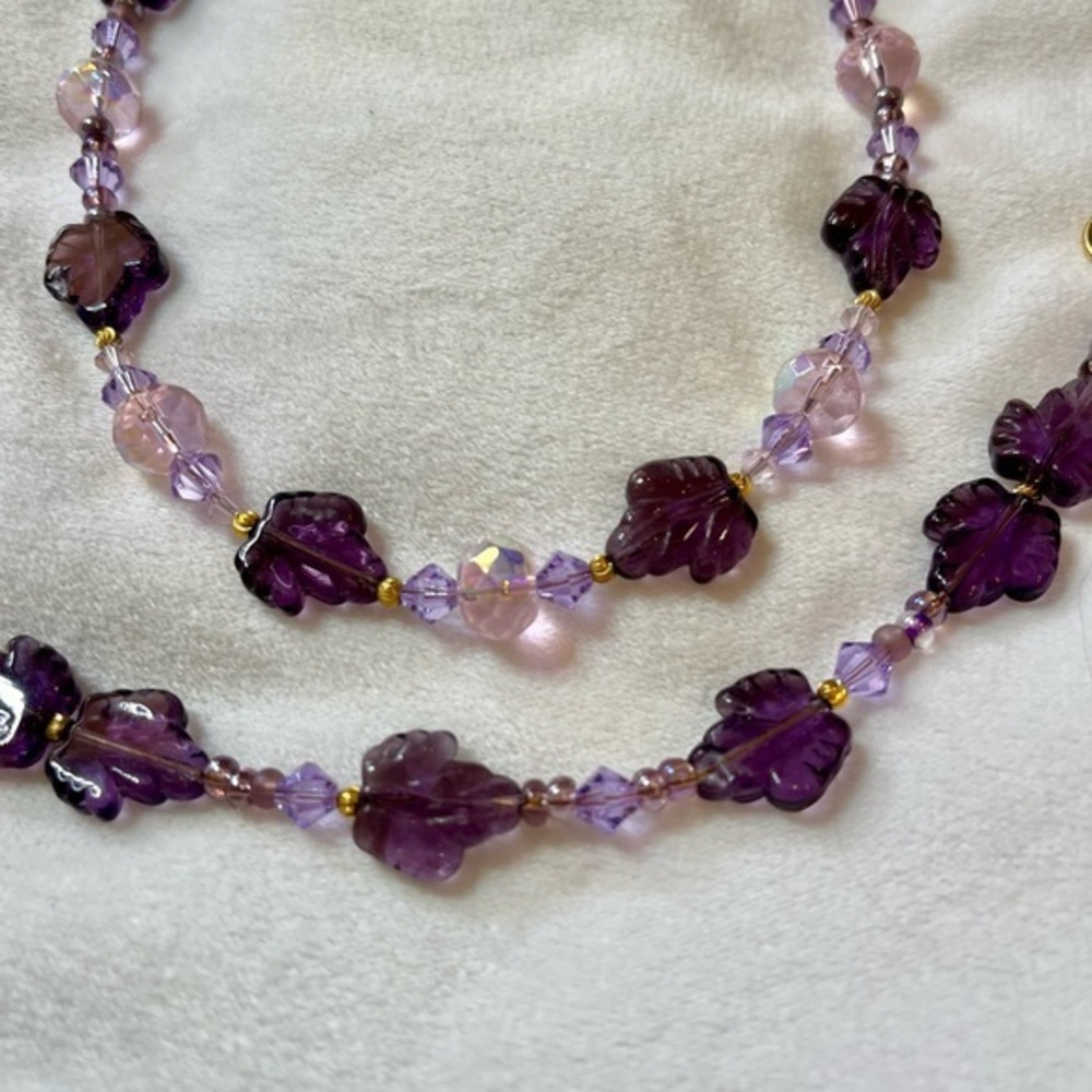 Hand Crafted Purple Leaves & Pink Bead Necklace and Bracelet Set Toggle Closure